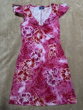 Status Vintage Y2K Pink Hibiscus Floral Flutter Sleeve Mini Dress, Sz Small